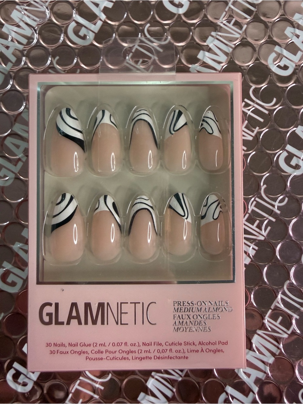 GLAMnetic Nude Press-On Nails with Black and White Swirl Accent